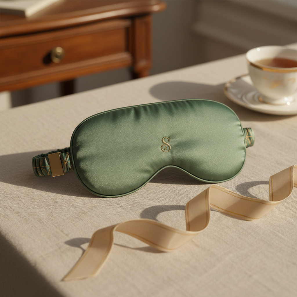 Luxe slaapmasker in saliegroen en beige tinten